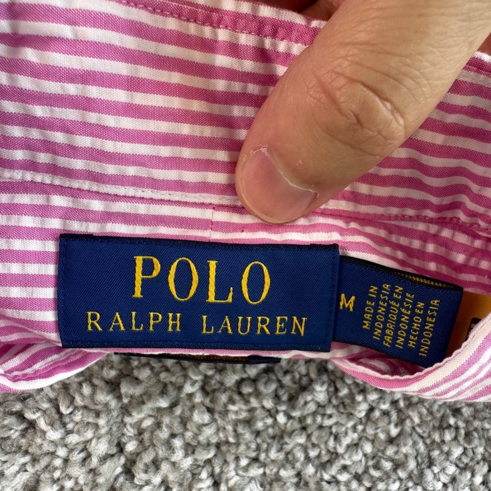 Polo Ralph Lauren Shirt Men Medium Pink Seersucker Stripe Untuck Fit Wrinkle NEW - Picture 7 of 10